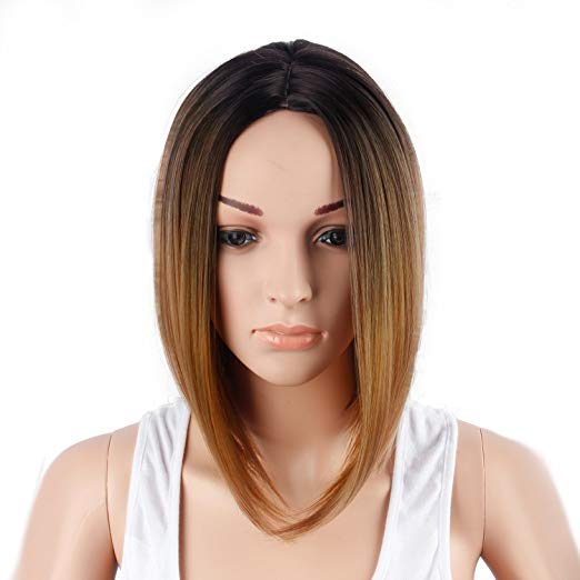BARSDAR 14" Girl’s Short Ombre Bob Hair Wigs Straight Synthetic Colorful Halloween Cosplay Daily Party Wig for Women Natural Looking Heat Resistant As Real Hair-Black to Light Brown